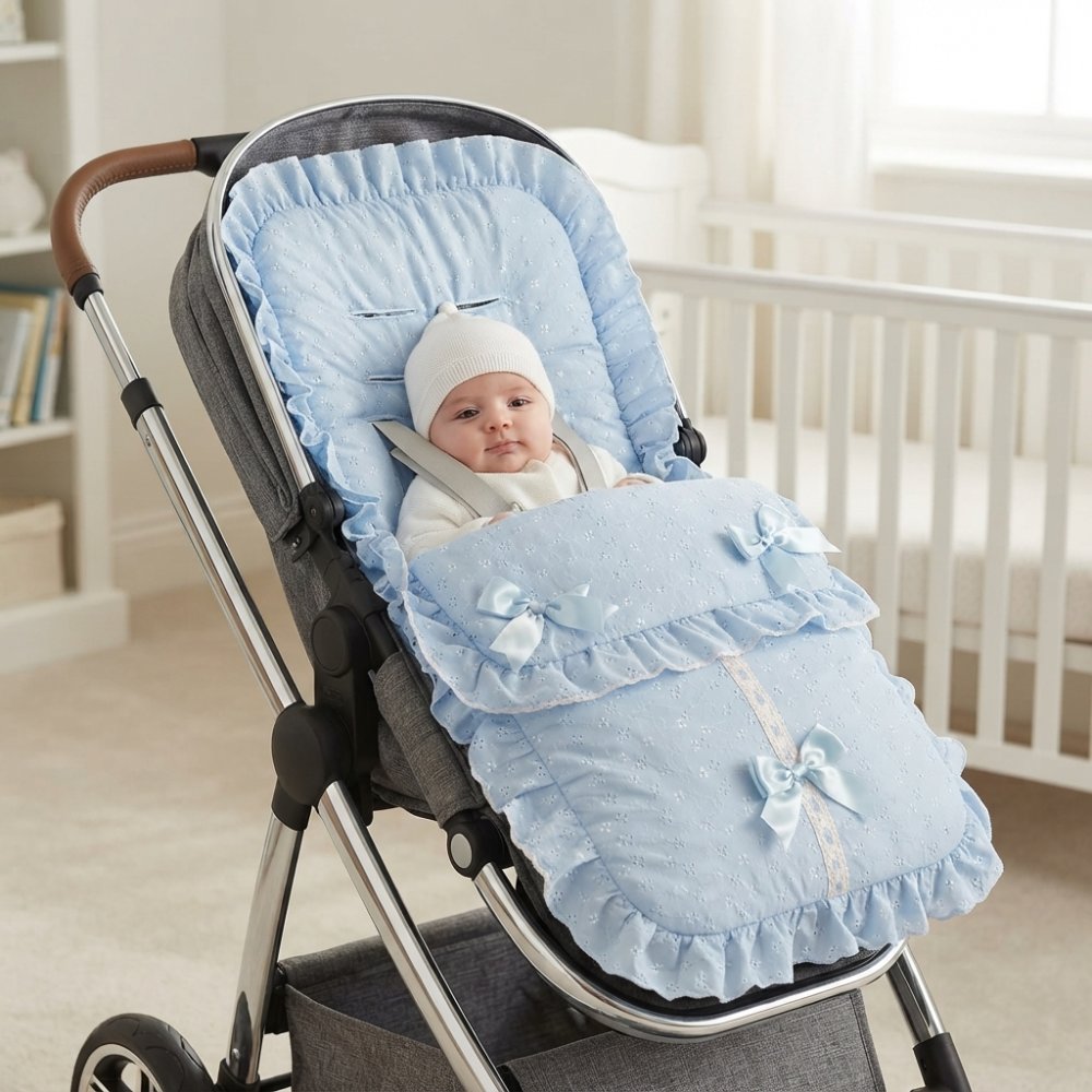 Broderie Anglaise Sky Footmuff/Cosytoes With Bows & Lace Broderie Anglaise Sky Footmuff/Cosytoes With Bows & Lace